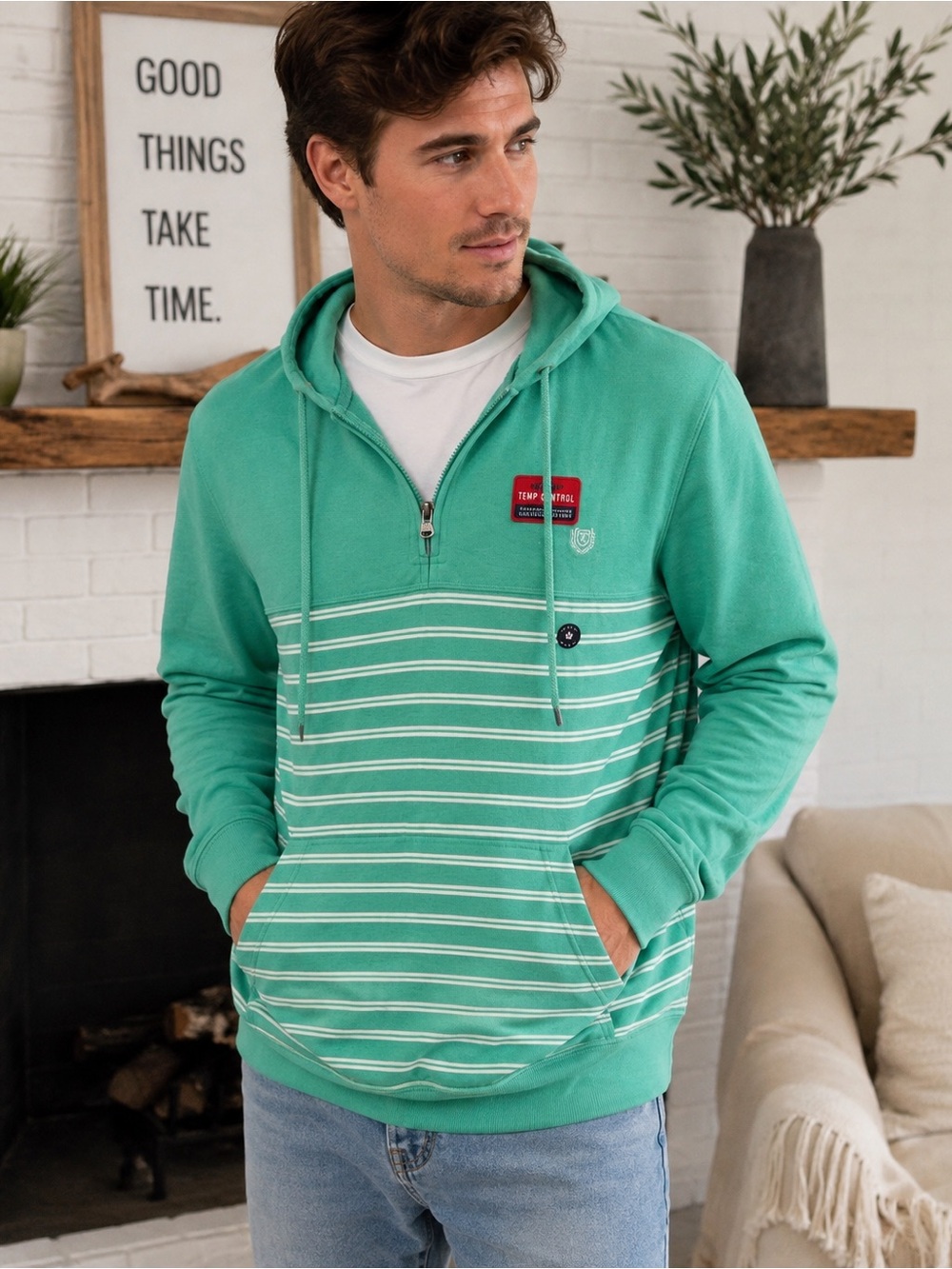 NWT Men’s Chaps Ultimate Temp Control Preppy Green Striped Half-Zip Pullover M
